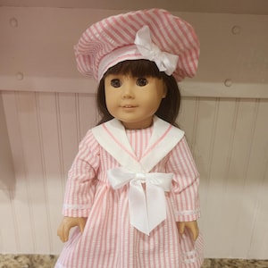 American Made 18" doll  clothes - Pink Striped Seersucker Sailor Dress with Tam Samantha