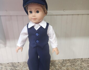 American Made 18 inch Girl or Boy doll clothing  - Doll Vest, Pants and Newsboy Cap in Blue Wool