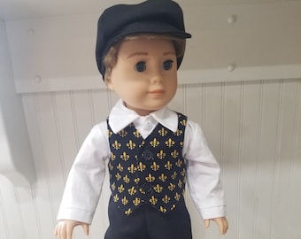 American Made 18 inch Girl or Boy doll clothing  - Doll Vest, Pants and Newsboy Cap in Gold and Black