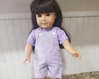 American Made for 18 Inch doll - Purple Pin Striped Seersucker Overall Shorts and T shirt