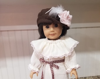 American Made 18 inch Girl doll clothing - Peasant Style Ruffled Dress with Fancy Feathered Hat