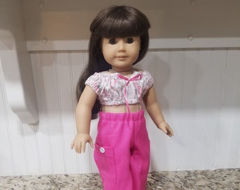 American Made 18" Girl Doll clothing - Cropped Pink Floral Top and/or Bright Pink Pants