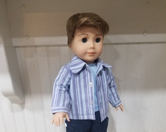 American Made 18 inch Girl or Boy doll clothing  - Blue striped button front shirt and Blue T-shirt