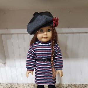 American Made 18" Girl Doll clothing -  Ribbed Knit Doll Sweater Dress With Belt and Beret Cap, Striped Doll Dress
