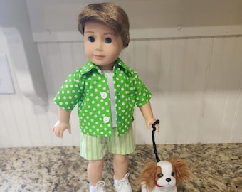 American Made 18" Girl doll clothing - Striped Shorts, Green Button Front Shirt and Choice of T-Shirt