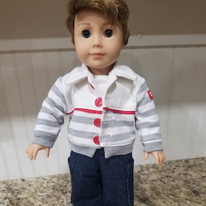 American Made 18 inch Girl Doll clothing - White, Red and Gray Sports Jacket, Button Front Jacket for 18 inch doll. Banded Jacket