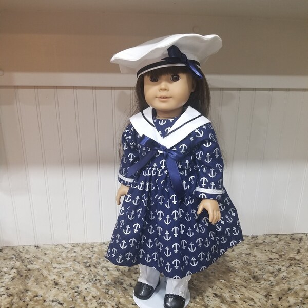 American Made 18" Girl doll  clothes - Navy Sailor Dress with White Beret