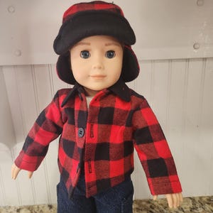 American Made 18 inch Girl or Boy doll clothing - Red Buffalo Plaid Flannel Button front Jacket and Matching Lumberjack Cap