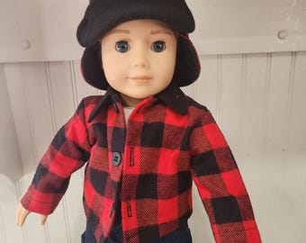 American Made 18 inch Girl or Boy doll clothing - Red Buffalo Plaid Flannel Button front Jacket and Matching Lumberjack Cap