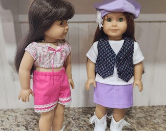 Both Outfits! Lavender Skirt, Vest, White T-shirt, Beret, Cropped Top and Pink Shorts - American Made 18" Girl doll clothing