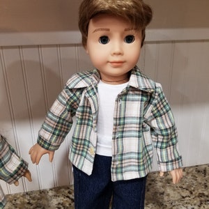American Made 18 inch Girl or Boy doll clothing  - Plaid Flannel button front shirt and choice of T-shirt