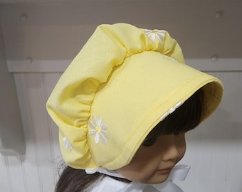 American Made Doll Clothing 18 inch doll - Yellow Daisy Bonnet, Colonial Bonnet, Pioneer Doll, Little House Bonnet