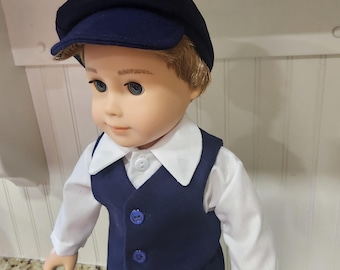 American Made Blue Wool Vest and Matching Newsboy for an 18 inch doll,  18 inch Boy doll