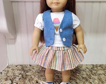 American Made 18" Girl doll clothing - Ice Cream Tee, Shorts, Skirt and Vest