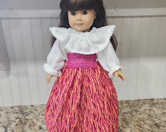 American Made 18 inch  Girl doll clothing - Multicolor Pink Skirt, Ruffled Peasant Blouse, Lace Belt