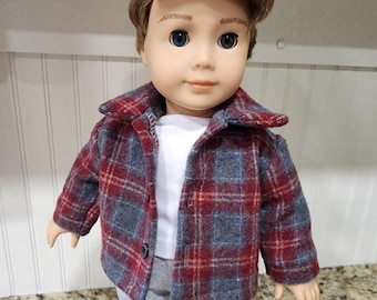 American Made 18 inch Girl or Boy doll clothing  - Gray/Red Plaid Flannel button front shirt and choice of short sleeve T-shirt