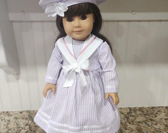 American Made 18" doll  clothes - Lavender Purple Stripe Sailor Dress with Matching Beret Samantha