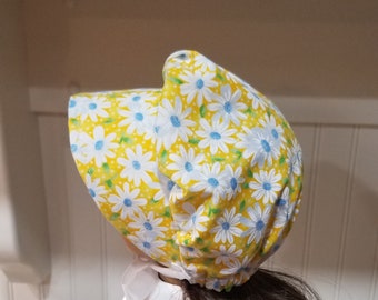 American Made 18 inch Girl Doll clothing - Yellow Daisy Floral  Print Cotton Prairie Bonnet, Yellow Bonnet, Little House Bonnet