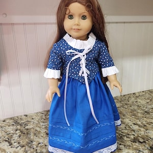 American Made 18 inch  Girl doll clothing - Felicity  1770&#39;s Era Lace Front Blue Carico and Gathered Skirt/Optional Mob Cap