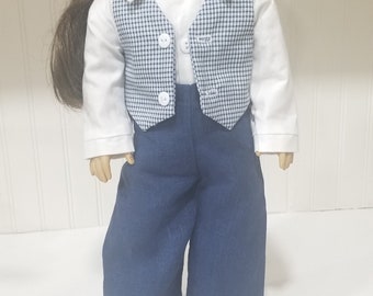 American Made 18 inch Girl or Boy Doll clothing - Blue Plaid Cotton Vest and Navy Cotton Pants