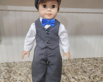 American Made 18" Girl or Boy Doll clothing - Charcoal Gray Vest, Pants and Newsboy with optional shirt