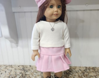 American Made 18 inch Doll clothing - Pink Wool Pleated Skirt with Matching Newsboy