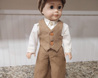 American Made 18" Girl or Boy Doll clothing - Golden Brown Pants, Matching Vest and newsboy with optional shirt