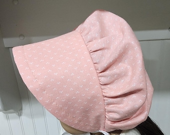 American Made 18 inch Girl doll clothing - Peach Calico Print Cotton Prairie Bonnet, Little House Bonnet, Felicity Bonnet