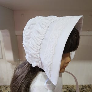 American Made 18 inch Girl Doll Clothing - Crisp White Ruched Bonnet for Felicity or Elizabeth, Historic Doll Hat
