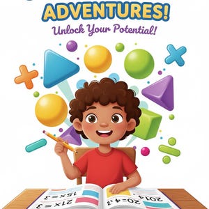 May include: A vibrant illustration for a 3rd grade maths book. It shows a smiling child holding a pencil, with the text "3rd Grade Math Adventures! Unlock Your Potential!" and various geometric shapes.