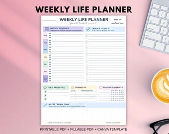 Weekly Planner Printable, Digital Planner, Editable Canva Template, Fillable PDF, Task Tracker, Habit Tracker, Brain Dump Printable