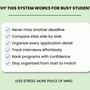 May include: A white rectangular card with rounded corners featuring the text WHY THIS SYSTEM WORKS FOR BUSY STUDENTS at the top and six bullet points with checkmarks listing benefits like never missing deadlines and tracking interviews, ending with LESS STRESS. MORE PEACE OF MIND.