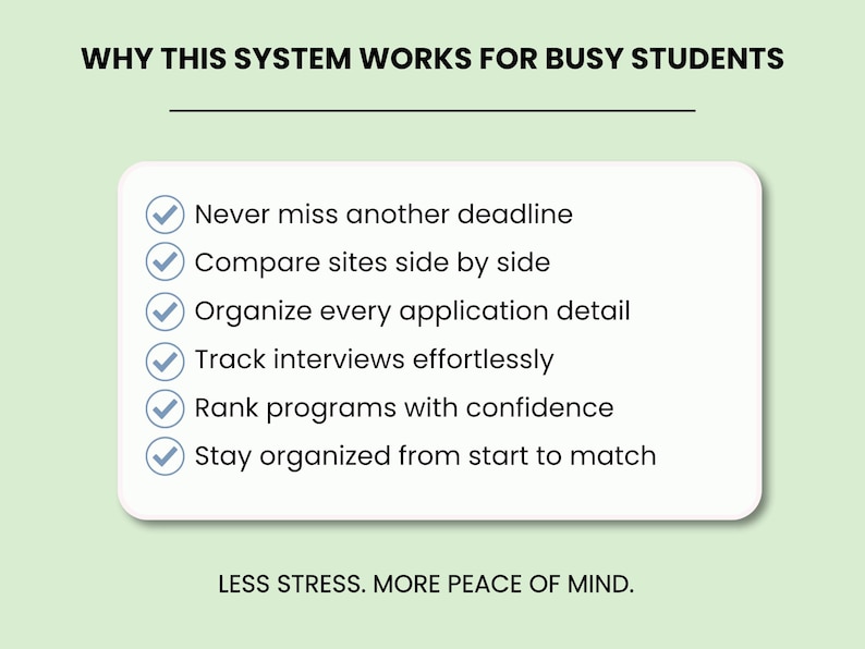 May include: A white rectangular card with rounded corners featuring the text WHY THIS SYSTEM WORKS FOR BUSY STUDENTS at the top and six bullet points with checkmarks listing benefits like never missing deadlines and tracking interviews, ending with LESS STRESS. MORE PEACE OF MIND.