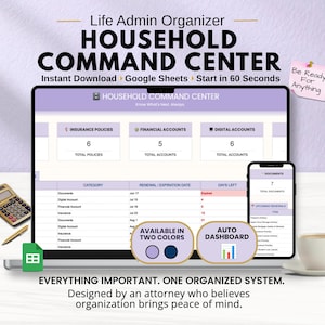 May include: A digital household command center organizer displayed on a laptop and smartphone screen. The interface features sections for insurance, financial, and digital accounts, with columns for categories, renewal dates, and days left until expiration.