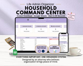 May include: A digital household command center organizer displayed on a laptop and smartphone screen. The interface features sections for insurance, financial, and digital accounts, with columns for categories, renewal dates, and days left until expiration.