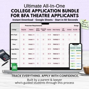 May include: A laptop displays a college application bundle for BFA theatre applicants. The screen shows a spreadsheet with application requirements. A smartphone, calculator, pen, and a cup of coffee are also visible.