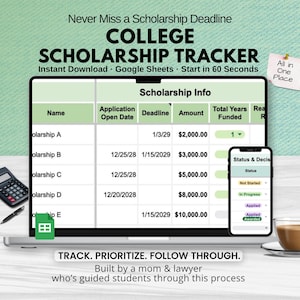 May include: A digital college scholarship tracker displayed on a laptop screen, smartphone, and Google Sheets icon. The image includes a calculator, pen, and a cup of coffee. Text includes "Never Miss a Scholarship Deadline" and "Scholarship Tracker."