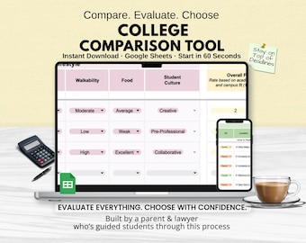 May include: A laptop displays a college comparison tool with a spreadsheet interface. A smartphone shows a list of colleges. Text includes "Compare. Evaluate. Choose COLLEGE COMPARISON TOOL" and "Evaluate Everything. Choose with Confidence."