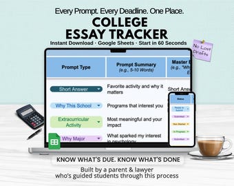 May include: A laptop displays a college essay tracker with prompts and summaries. A smartphone shows essay status. A calculator, pen, and coffee cup are also present. Text reads: "COLLEGE ESSAY TRACKER".