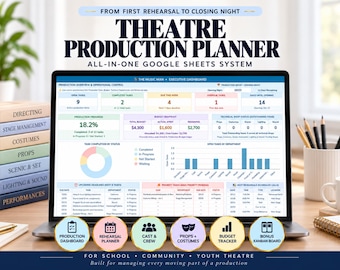 May include: A digital theatre production planner displayed on a laptop screen, featuring an executive dashboard with task tracking, budget snapshots, and production progress charts. Below the screen are six circular icons for navigation.