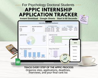 May include: A digital APPIC Internship Application Tracker for Google Sheets displayed on a laptop and smartphone screen, featuring data dashboards, charts, and tables for tracking deadlines, application status, and interview schedules.