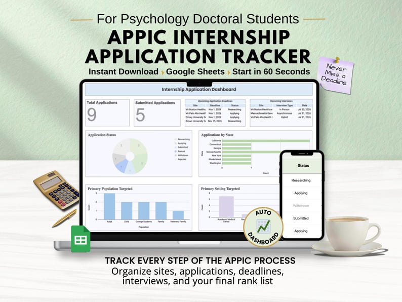 May include: A digital APPIC Internship Application Tracker for Google Sheets displayed on a laptop and smartphone screen, featuring data dashboards, charts, and tables for tracking deadlines, application status, and interview schedules.