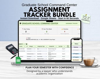 May include: A laptop and smartphone displaying a digital assignment tracker. The screen shows a spreadsheet with course details, due dates, and assignment types. A calculator, pen, and a cup of coffee are also present. Text reads: "Assignment Tracker Bundle."