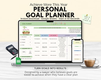 May include: A digital personal goal planner displayed on a laptop and smartphone screen. The interface features a table for goal areas, objectives, and action steps, decorated with floral illustrations, a watering can, and a status tracker.