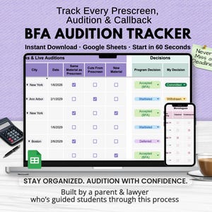 May include: A laptop displays a BFA Audition Tracker spreadsheet, with a smartphone and calculator nearby. Text on the screen reads "Track Every Prescreen, Audition & Callback." A coffee cup and a sticky note that says "Never Miss a Deadline" are also visible.