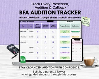 May include: A laptop displays a BFA Audition Tracker spreadsheet, with a smartphone and calculator nearby. Text on the screen reads "Track Every Prescreen, Audition & Callback." A coffee cup and a sticky note that says "Never Miss a Deadline" are also visible.
