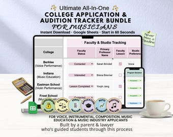 May include: A digital college application and audition tracker bundle for musicians, featuring a Google Sheets interface on a laptop screen. The display shows faculty and studio tracking, with circular icons for scholarship, essay, and audition tracking.