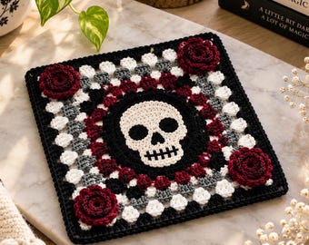Häkelanleitung für ein Oma-Quadrat mit Totenkopf und Blume, düster-gothisches Halloween-Muster, Oma-Quadrat für Decken, Taschen, Kissen und Halloween-Dekoration, PDF-Dateien