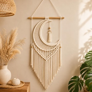 May include: A cream-coloured macrame wall hanging featuring a crescent moon shape suspended from a horizontal wooden dowel. The design includes intricate knotted patterns, long fringe, and a small gold-toned crescent moon charm with a tassel.