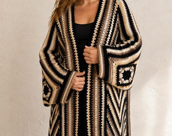 Cárdigan largo negro, cárdigan de lana extragrande, cárdigan largo, cárdigan largo, suéter largo, suéter largo tipo gabardina, kimono, cárdigan de ganchillo.